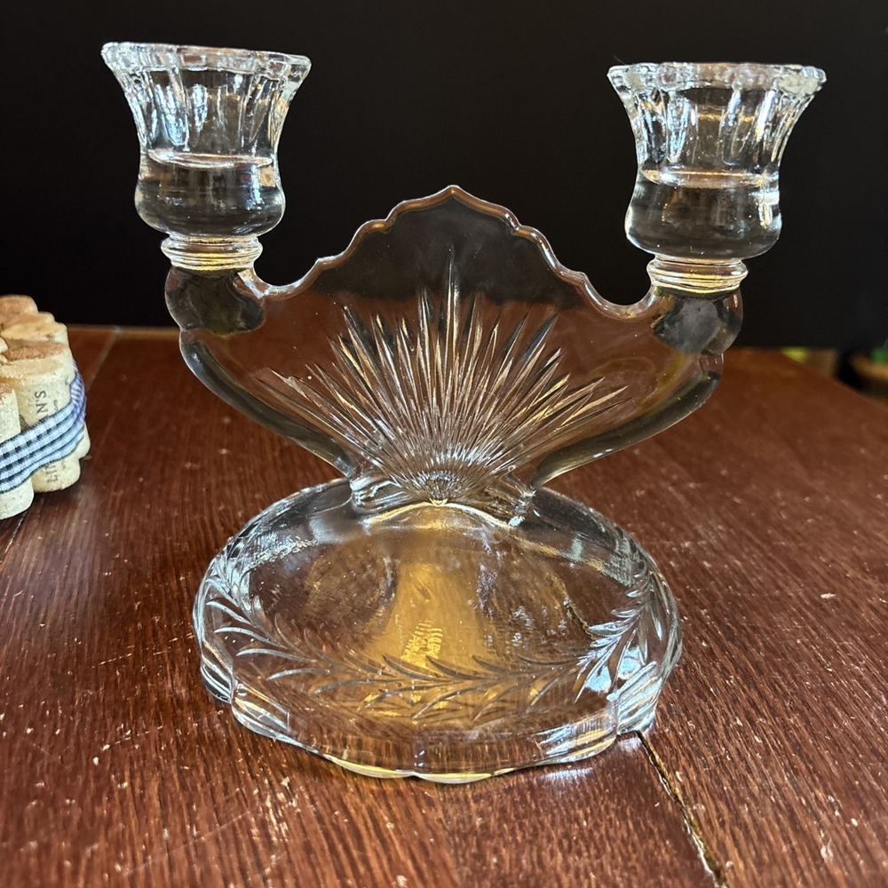 Vintage Clear Jeanette Glass Double‎ Candlestick Sunburst Herringbone Pattern